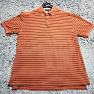 Tommy Hilfiger Polo Shirt Mens XL Orange Brown Striped Short Sleeve Classic Logo